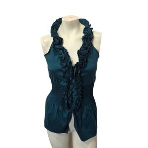 Studio Y Ruffle Halter Top Womens Small Teal Smocked Sleeveless Blouse Boho